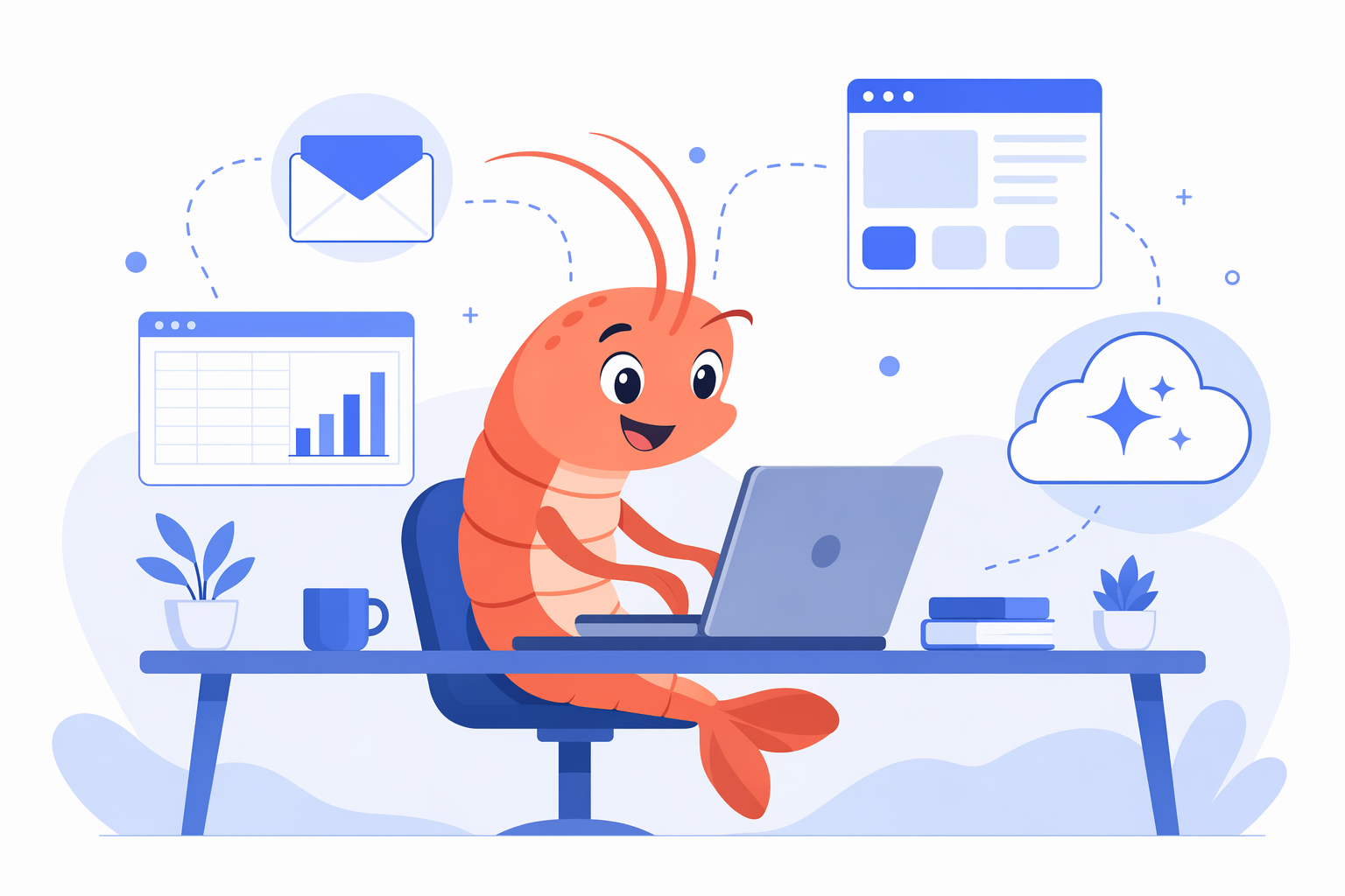ノートPCで作業するエビの周りに、メール・表計算・Webサイト・クラウドAIのアイコンが浮かぶイラスト